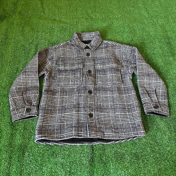 Zara Kids Long Sleeve Pockets Plaid Grey Wool Oversized Shirt Jacket Size 9-10 - Picture 1 of 14